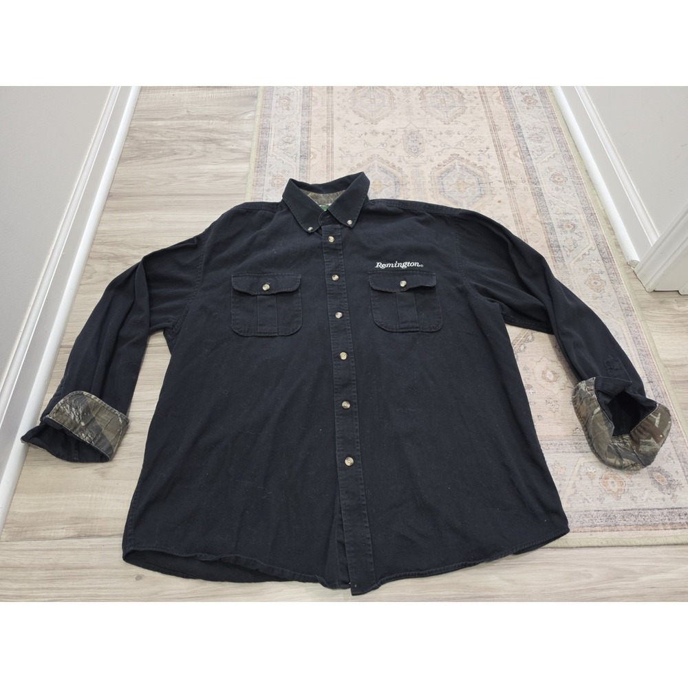 Remington Mens Button Canvas Shirt  Camo Flip Cuff Long Sleeve Black XL